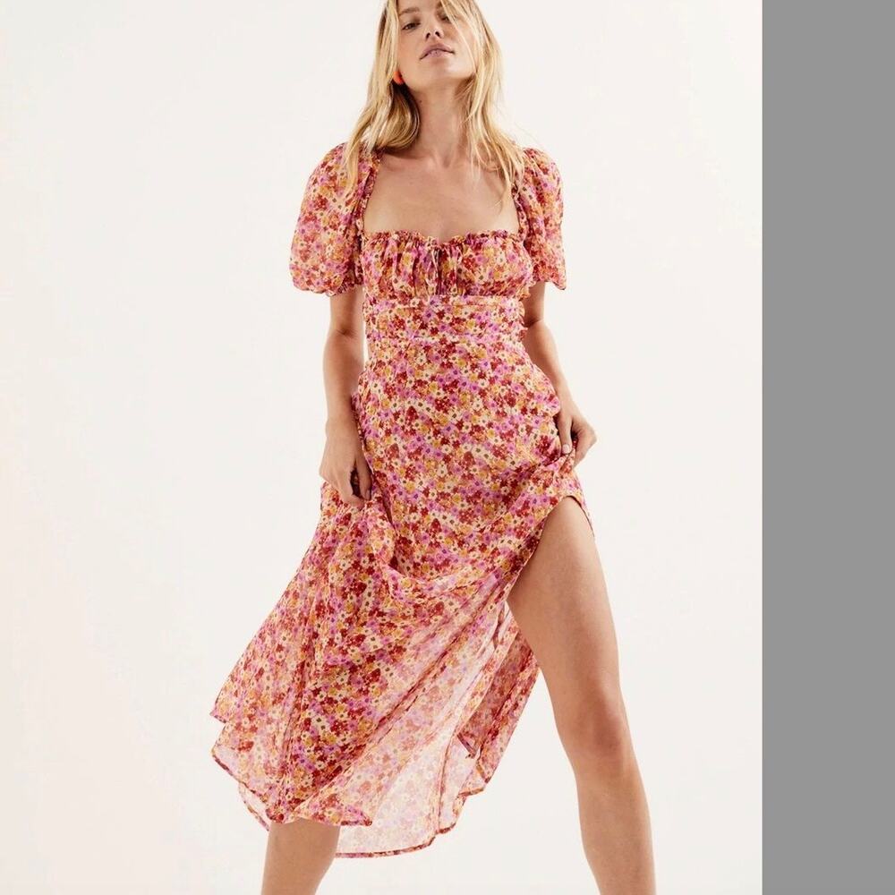 For Love & Lemons Felicia Midi Dress – Floral Open Back Midi Dress – Size XS
